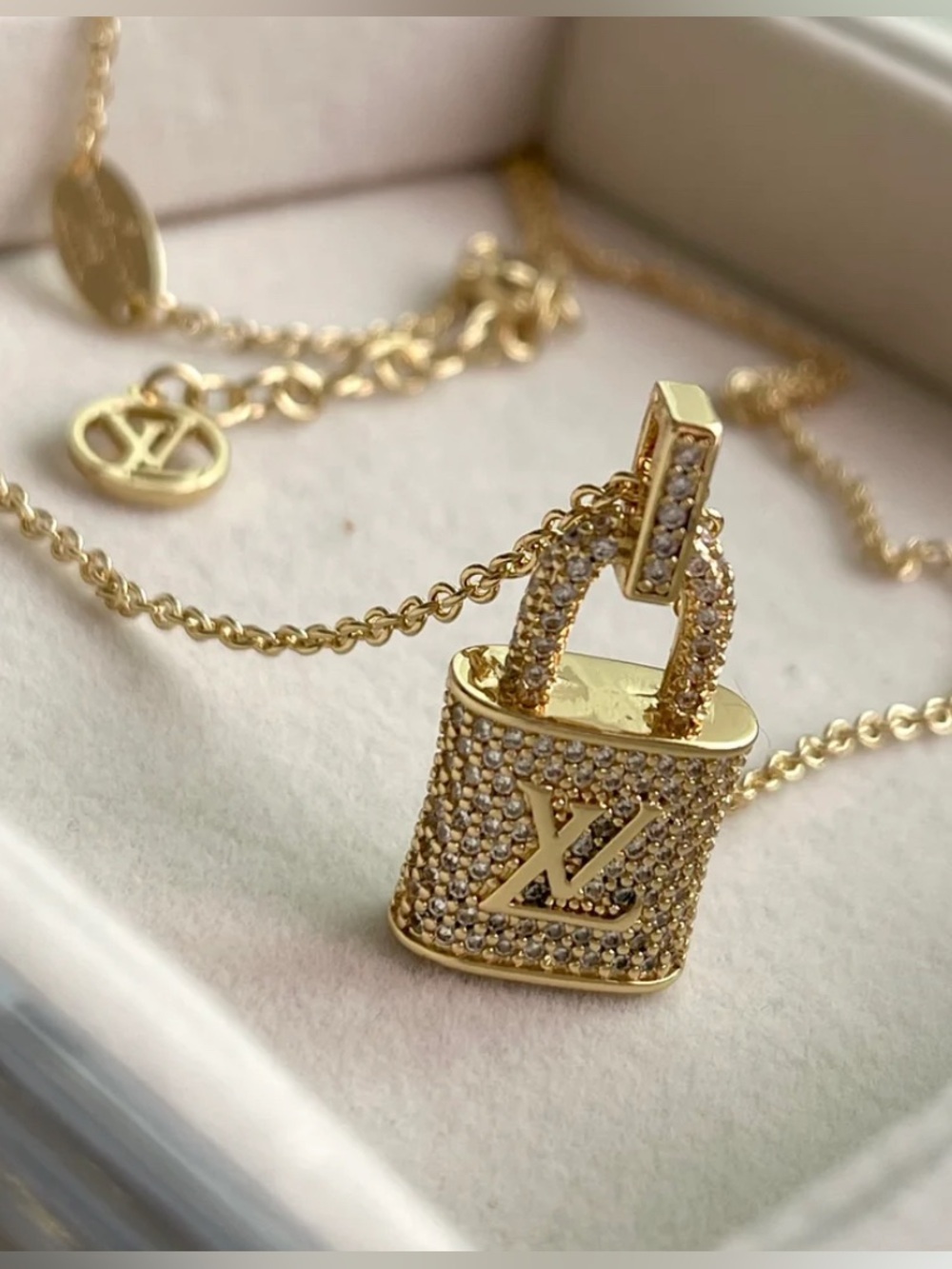 Gold Pavé LV Padlock Necklace